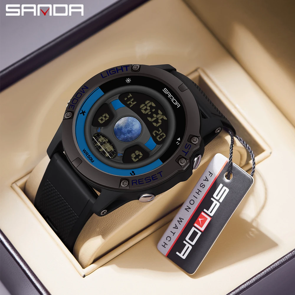 SANDA-Reloj deportivo multifunción para Hombre, cronógrafo Digital con diseño de volante, alarma, resistente al agua, 5 bares, 9024