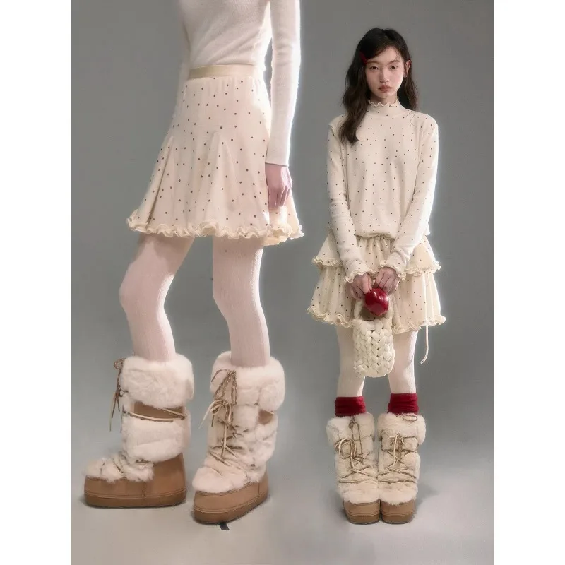 Spring 2026 New Korean Dot Drawstring Pleated Casual Long-sleeved T-shirt Women + High Waist Ruffled A-line Skirt Two-piece Suit