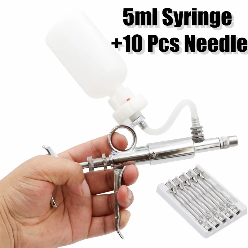 0.5-5Ml Automatic Continuous Syringe Metal Syring Injector Veterinary Equipment With Bottles for Livestock Animal Vaccine