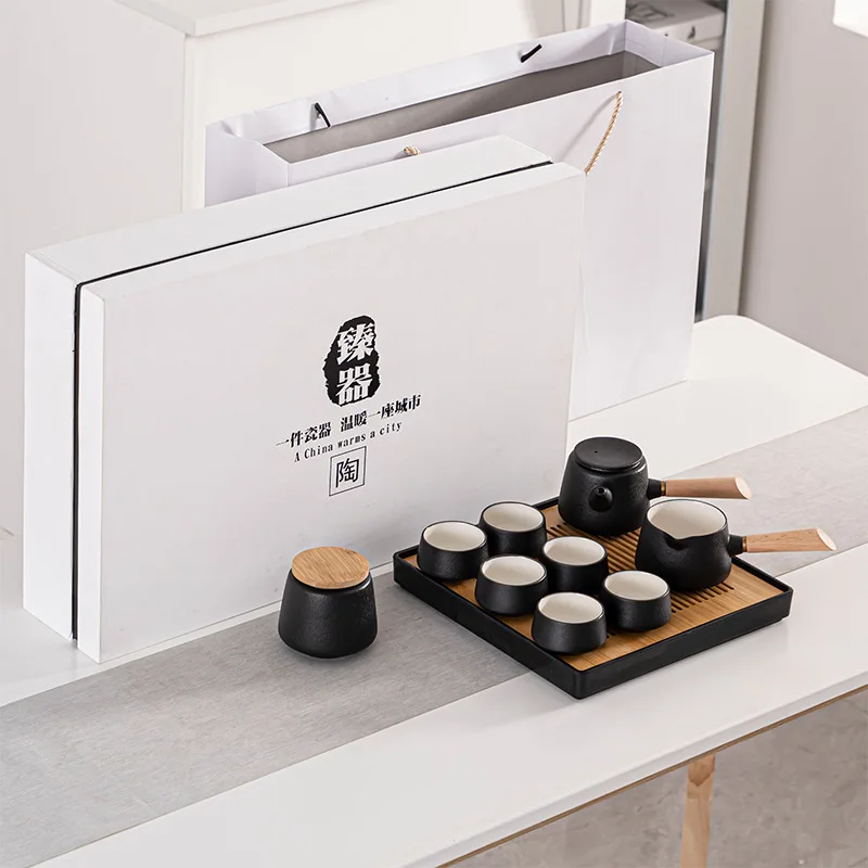 Black Ceramic Kung Fu Tea Set for Home Use, Simple Ceramic Dry Tea Tray, Light Luxury High-End Modern Small Gift Box