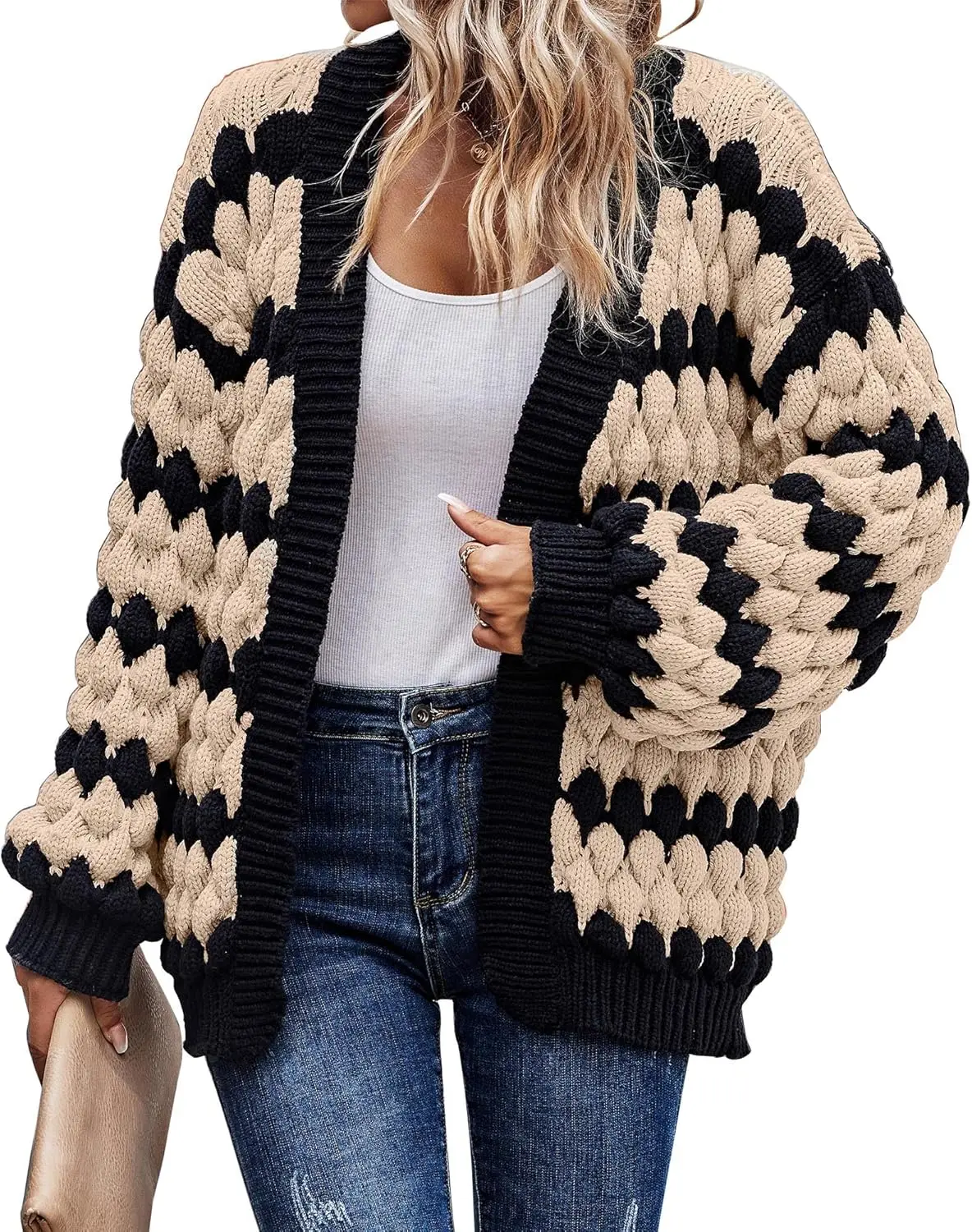 

Womens Cardigan Fall Fashion Lantern Sleeve Open Front Striped Color Block Loose Cable Knit Winter Sweater Coats 12