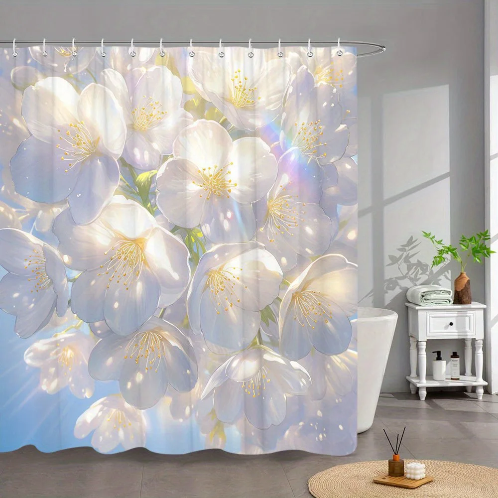 1pc Sunlit Cherry Blossoms Shower Curtain - Ethereal Spring Floral Decor with Delicate White Flowers, Golden Stamens & Radiant