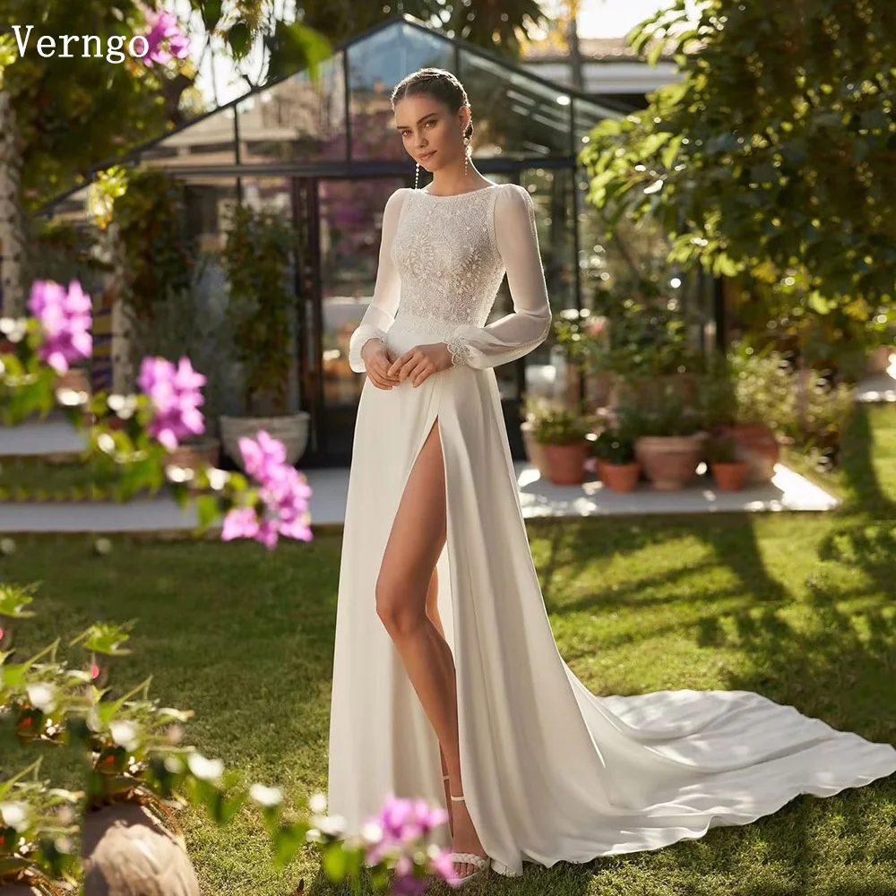 

Verngo lvory Chiffon Wedding Dress High O Neck A Line Long Bride Gowns For Women Appliques Side Slit Backless Bridal Dress 2024