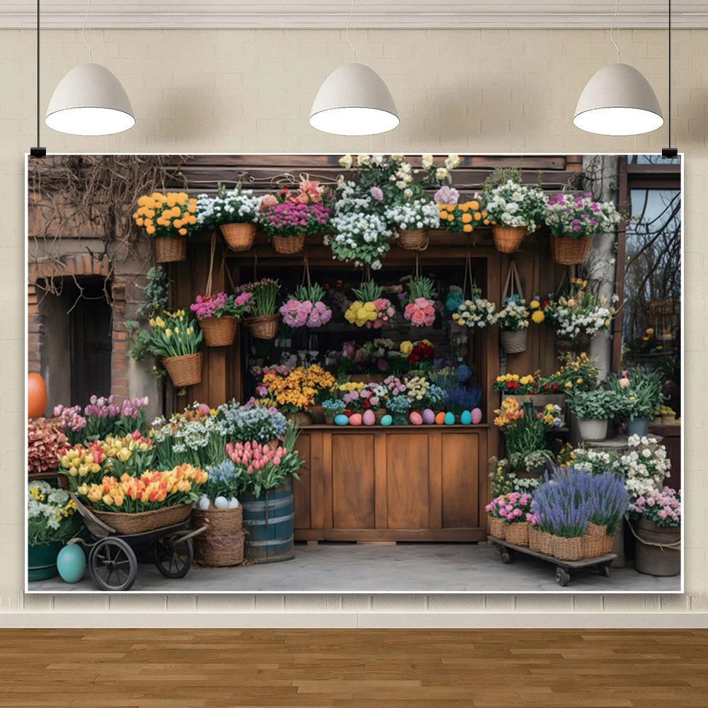 Fondo fotográfico de primavera con huevos de colores para estudio fotográfico, telón de fondo con ventana, pared de flores, arcos de jardín, pradera, vid