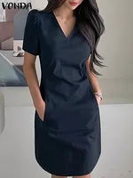 VONDA-minivestido de verano para mujer, vestido veraniego de fiesta de manga corta abombada, Sexy, con cuello de pico, informal, holgado, liso, con cremallera, 2024