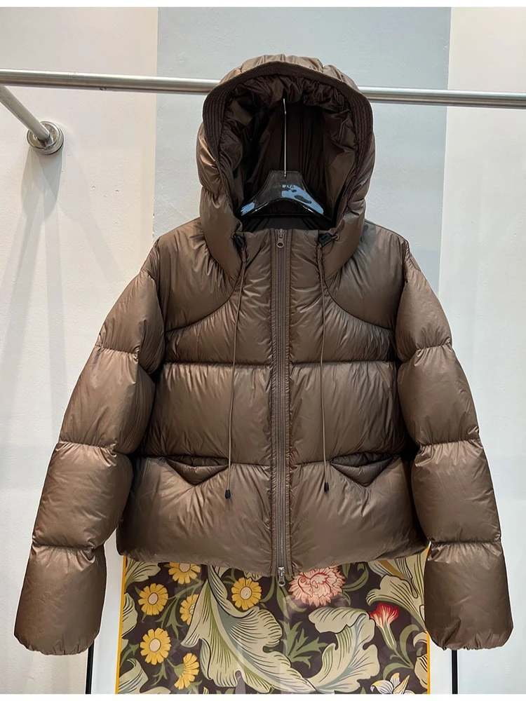 Damska kurtka puchowa z kapturem, stylowa, ocieplana, z wysokiej jakości białego puchu kaczy, krótka, model Parker, na zimę 2025.