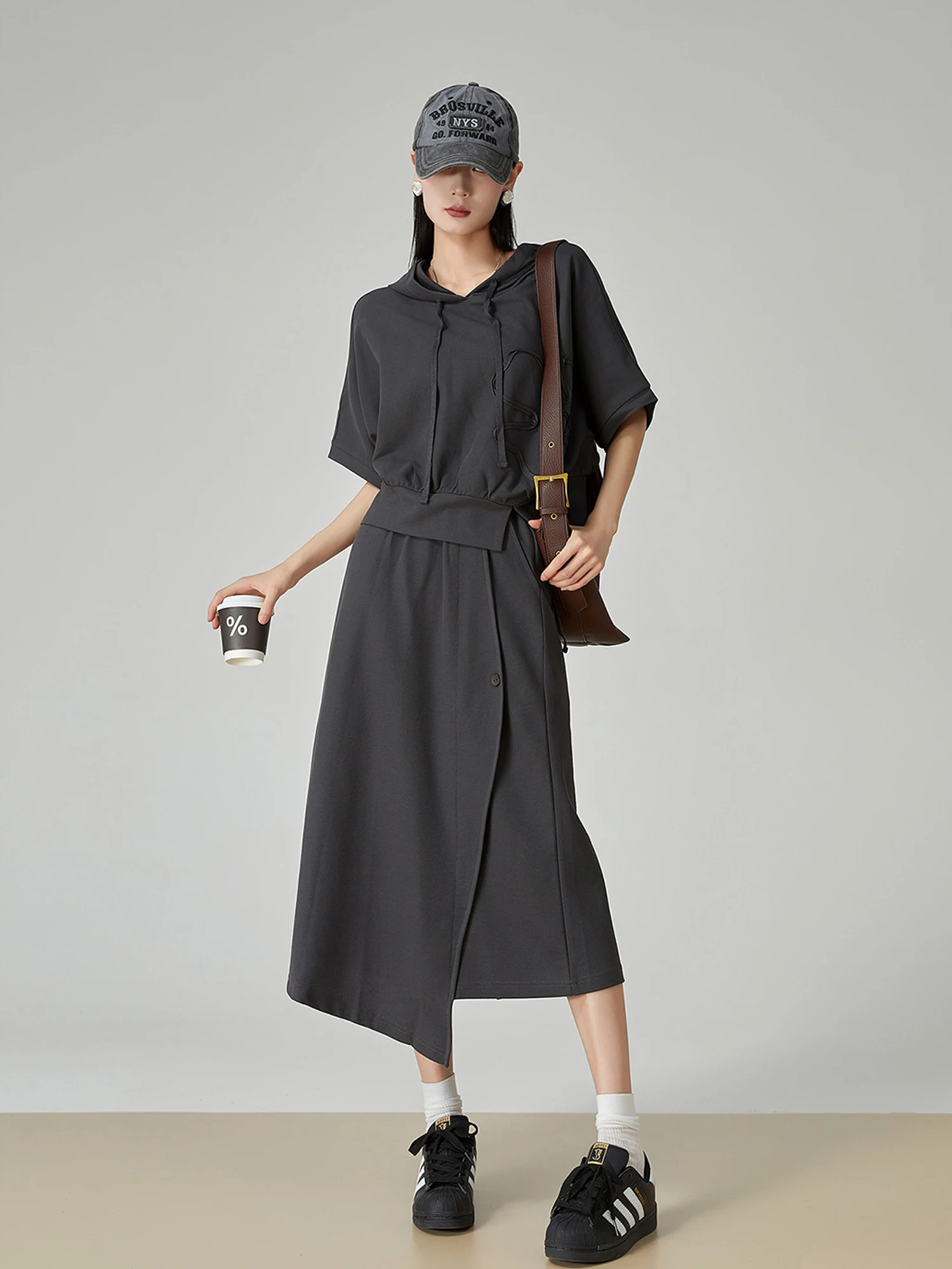 

Deep ey Hooded Casual Women's Two-Piece Set Autumn New Design Sensation Asymmetrical Skirt Spor Sle Polyester Fabric