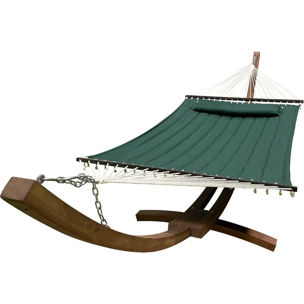 

Two Person Wooden Arc Hammock Stand with Deluxe Quilted Double Padded Bed and Pillow, 450 LB Capacity, Teak Stained Finish