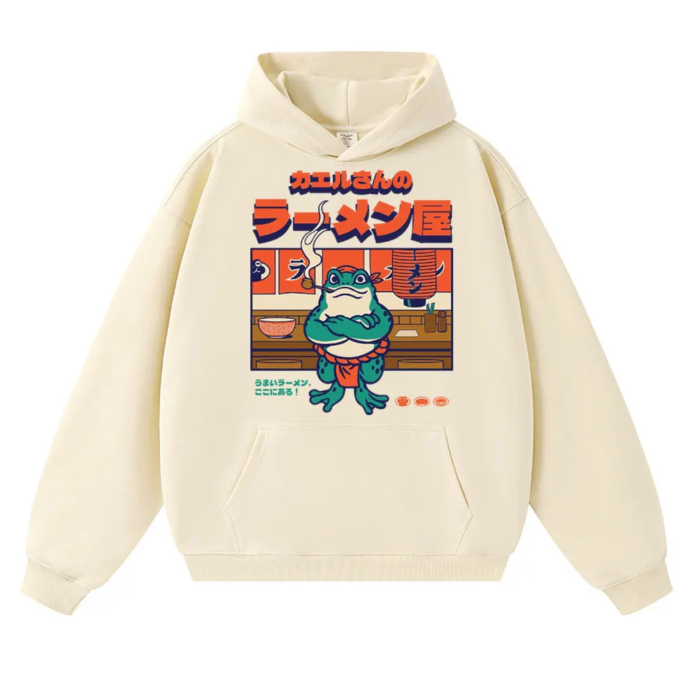Japan Style Mr. Frog's Ramen Shop Graphic Hoodie Fashion Vintage Funny Sweatshirt Oversized Fleece Casual Long Sleeve Streetwear