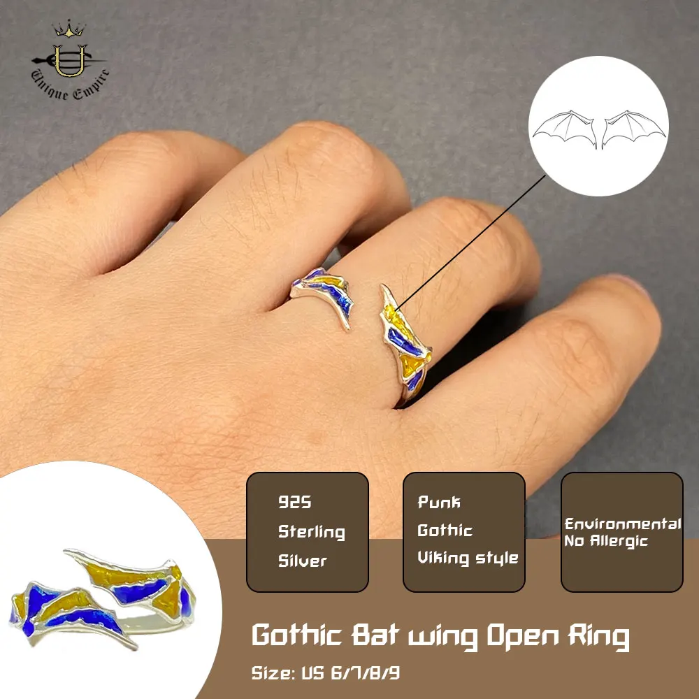 

925 Sterling Silver Gothic Enamel Bat Wing Open Ring Skull Claw Halloween Party For Men And Women Fashion Anniversary Jewelry