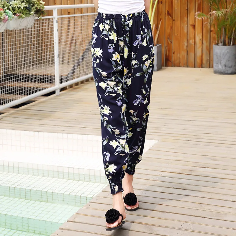 Women Summer Thin Style Poplin Lantern Pants Printing Large Size Elastic Waist Loose Casual Bound Feet Comfortable Harlan Pants