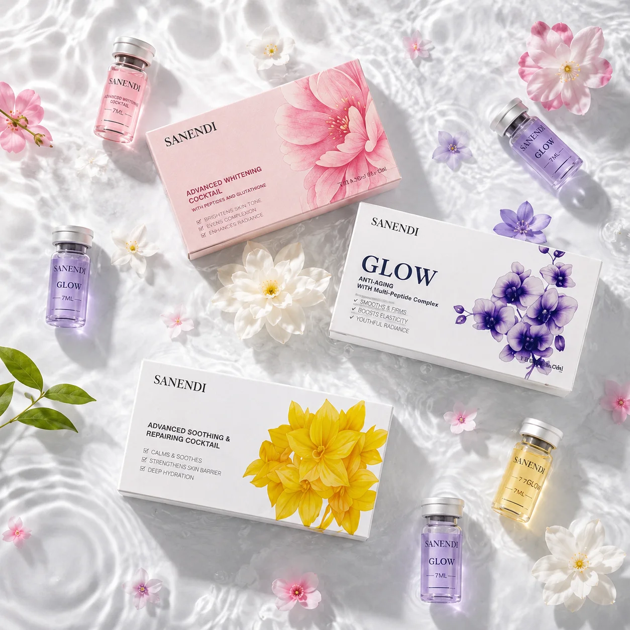 SANENDI 10vials Pink PDRN Serum Hyaluronic Acid Korean Skin Care Hydration Soothing Facial Essence GSH Vitamin Glow Solution