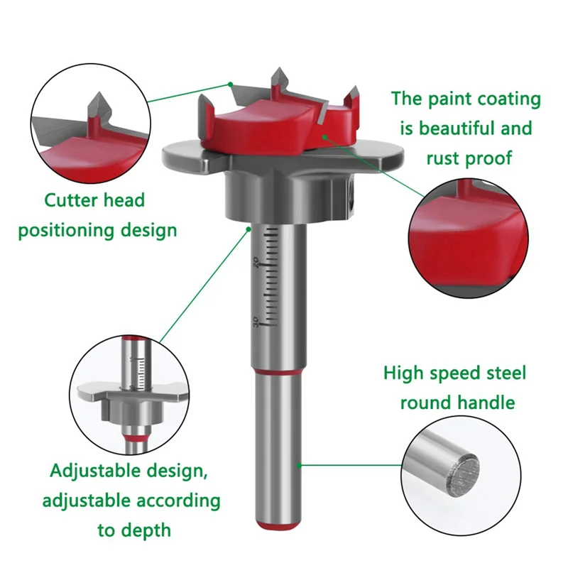 COFA-Positioning Hole Saw Kit Adjustable 15-35Mm Hinge Hole Opener Woodworking Carbide Drill Bits Set