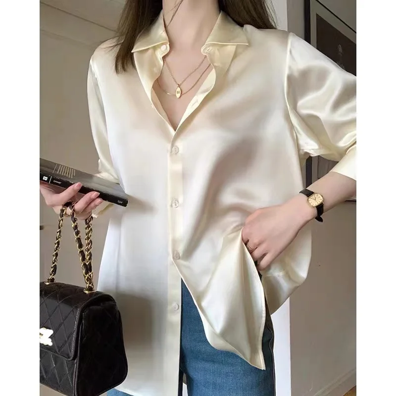 Women Spring Korean Simplicity Loose Solid Color Polo-Neck Long Sleeve Shirts Women Clothes Casual All-match Office Lady Tops