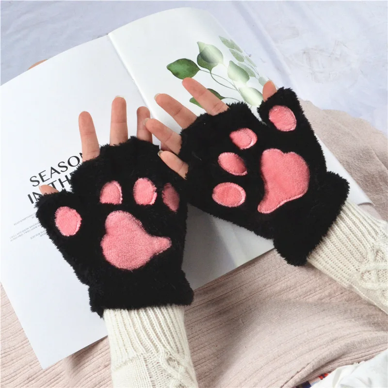 Women Bear Plush Cat Paw Claw Gloves Winter Faux Fur Cute Kitten Fingerless Mittens Gloves Christmas Halloween for Womens Girls