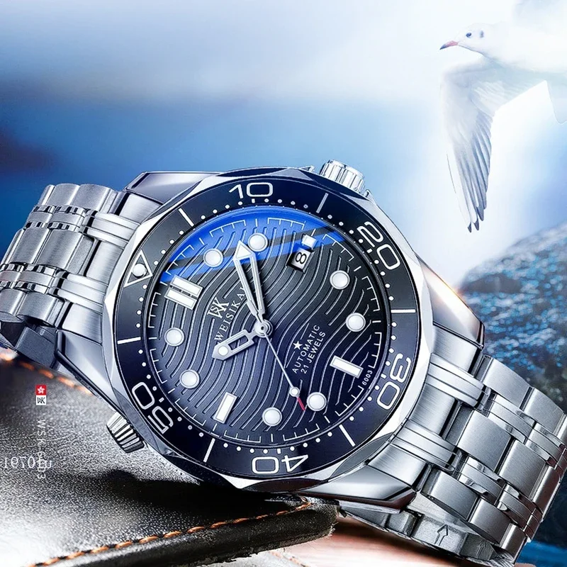 

Hot sale Luxurious Mechanical Watch For Men Luxury Stainless Steel Auto Clock Business Wave Dial Dive Tourbillon Reloj Hombre
