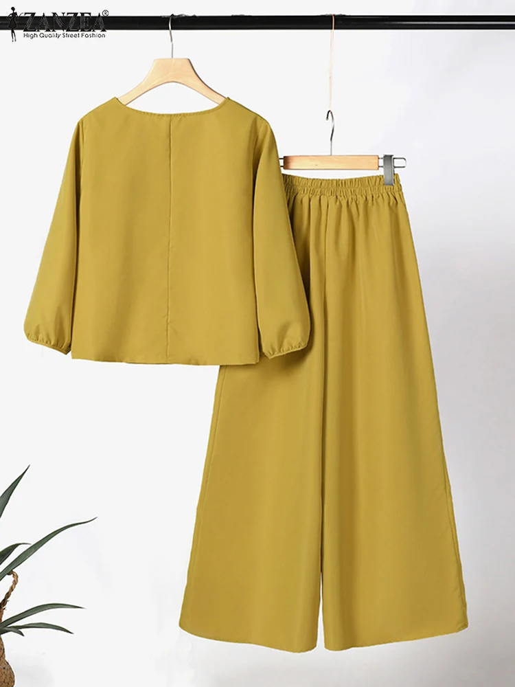 Women Fashion Tracksuit ZANZEA Summer Elegant Wide Leg Pants Sets 2pcs Solid 3/4 Sleeve Blouse Trousers Suits Work OL Outifits