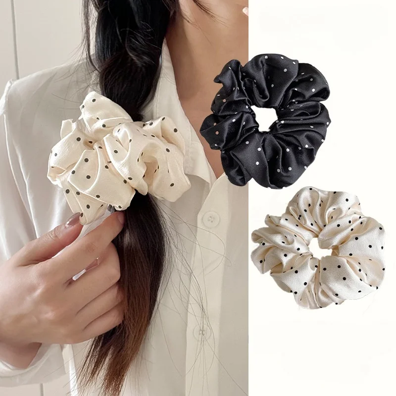 Chouchou en satin style français, motifs simples noirs et blancs à pois, grande boucle pour cheveux, élastiques rétro doux pour cheveux