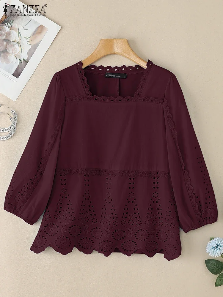 ZANZEA Elegant Openwork Embroidery Blusas Mujer Square neck Lace-Trim Solid Womens Blouses Street Fashion 3/4 Puff Sleeve Tops