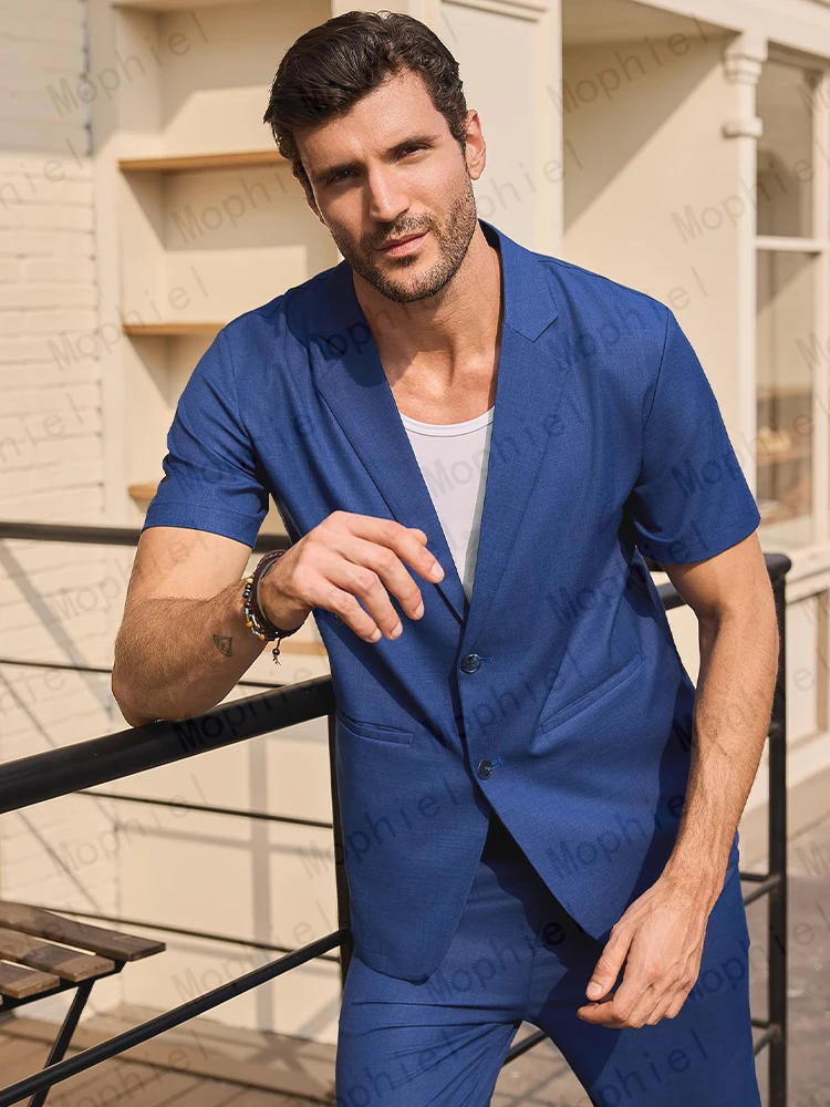 Picture 4: Mophiel Blue Linen Men Suits Short Sleeve Pants 2 Pieces Set Summer Beach Wedding Party Blazer Office Business Tuxedo Customized