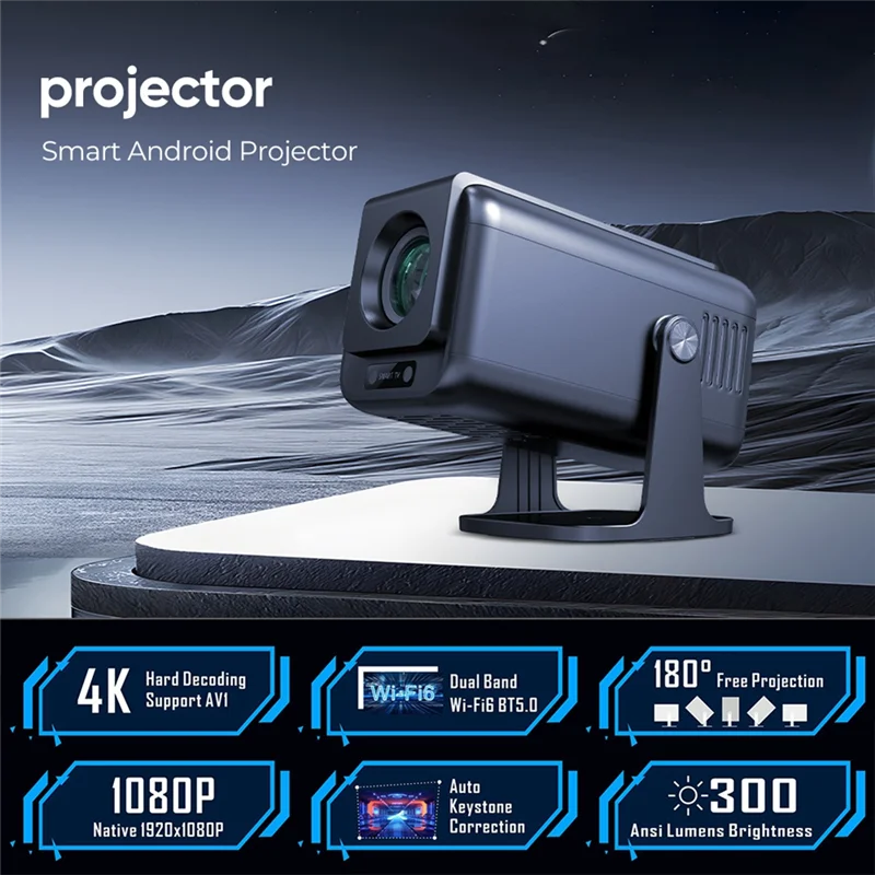 جهاز عرض تلفزيوني ذكي H320 حساس Android 13 Wifi6 300 ANSI 180 °   جهاز عرض مسرح منزلي مرن BT 5.0 Beamer 1920X1080p