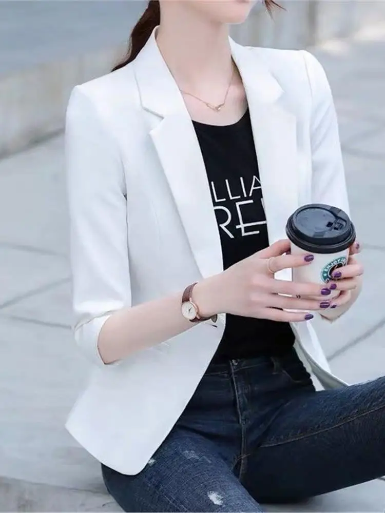 

White ort Suit Jaet Women's 2024 New Korean Sle Seven Sve Versatile Small Size Ladies ort Western Sle Top