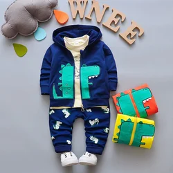 Baby boy clothes suit, spring and autumn cartoon printed dinosaur coat+cotton long-sleeved shirt+casual pants for handsome boys