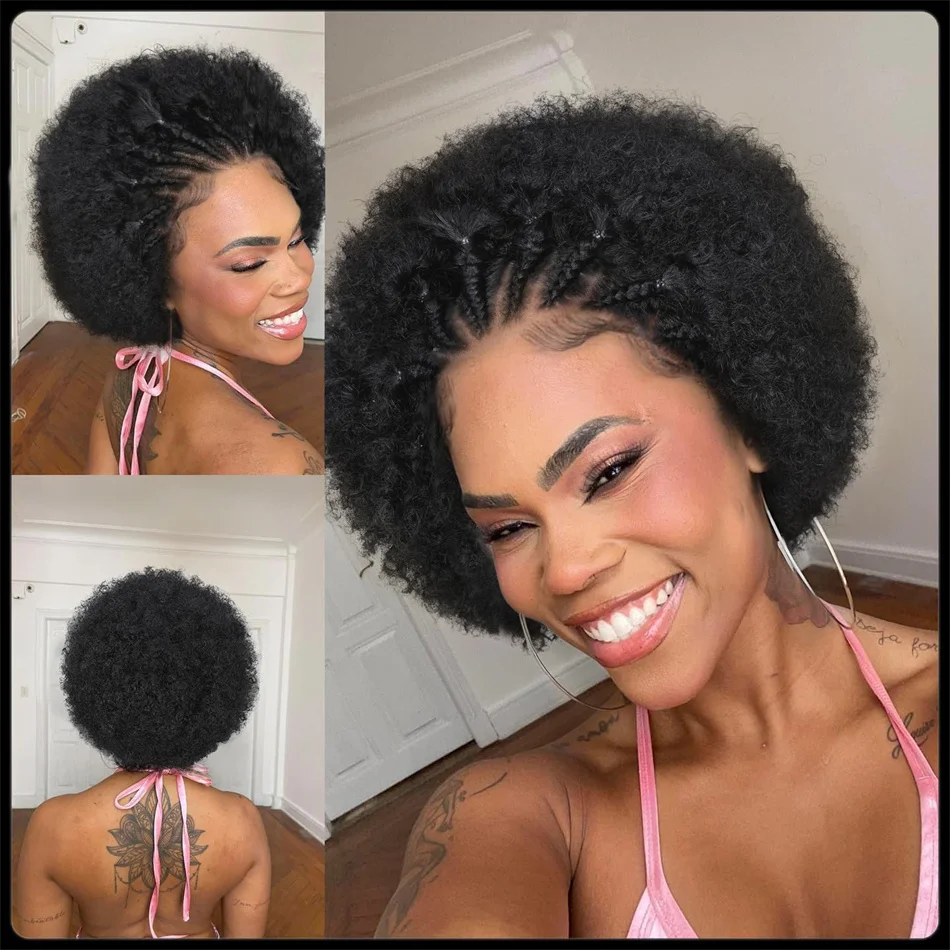 

Afro Kinky Curly Human Hair Wig with Braids 350# Ginger Orange 13x4 Transparent Lace Front Curly Short Bob Wigs 6inch for Women