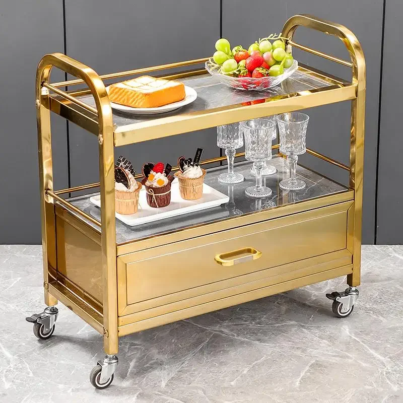 Light luxury stainless steel two-layer with drawers rock slab hot pot vegetable rack hotel dining table tableware rack KTV dim s
