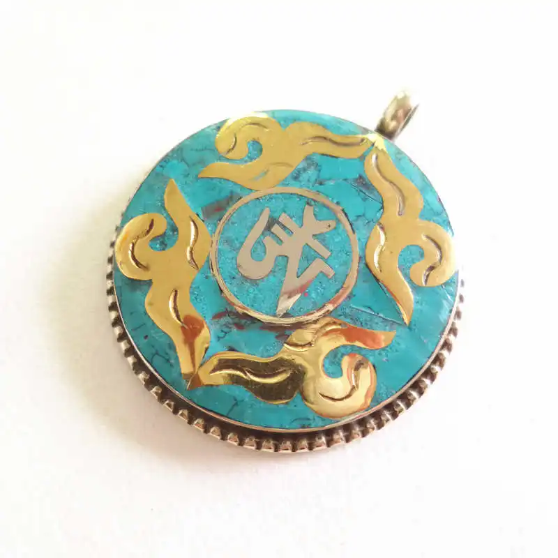 

Tibetan OM Amulet Pendant White Metal Copper Inlay Stone TBP153