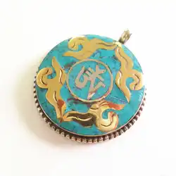 Tibetan OM Amulet Pendant White Metal Copper Inlay Stone TBP153