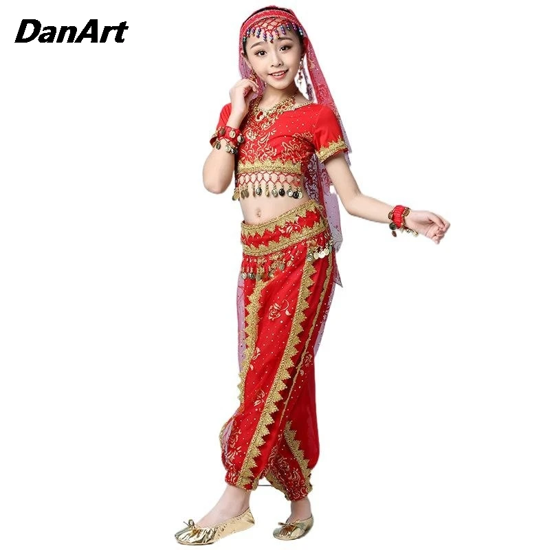 New Kids India Belly Dance Costumes Set Outfit Bollywood Egypt Belly Dance Practice Clothing Girls Stage Performance Wear Attire