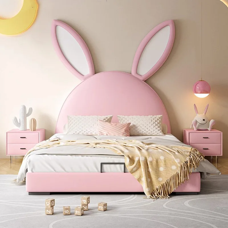 Cama de cuero de madera maciza para niños y niñas, cama con orejas de conejo, Princesa de dibujos animados, color rosa, novedad