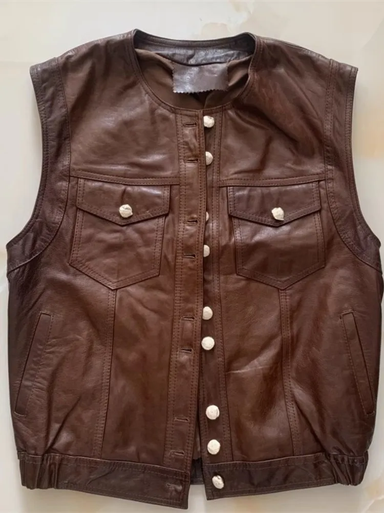 Vintage Women Single Breasted Genuine Leather Vest O-Neck Casual Sleeveless Sheepskin Jacket Loose Fit High Street Waistcoat