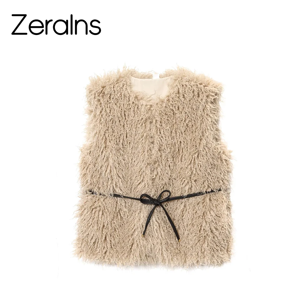 

ZERAINS Autumn new women's casual temperament simple round neck sleeveless jacket with belt and plush vest