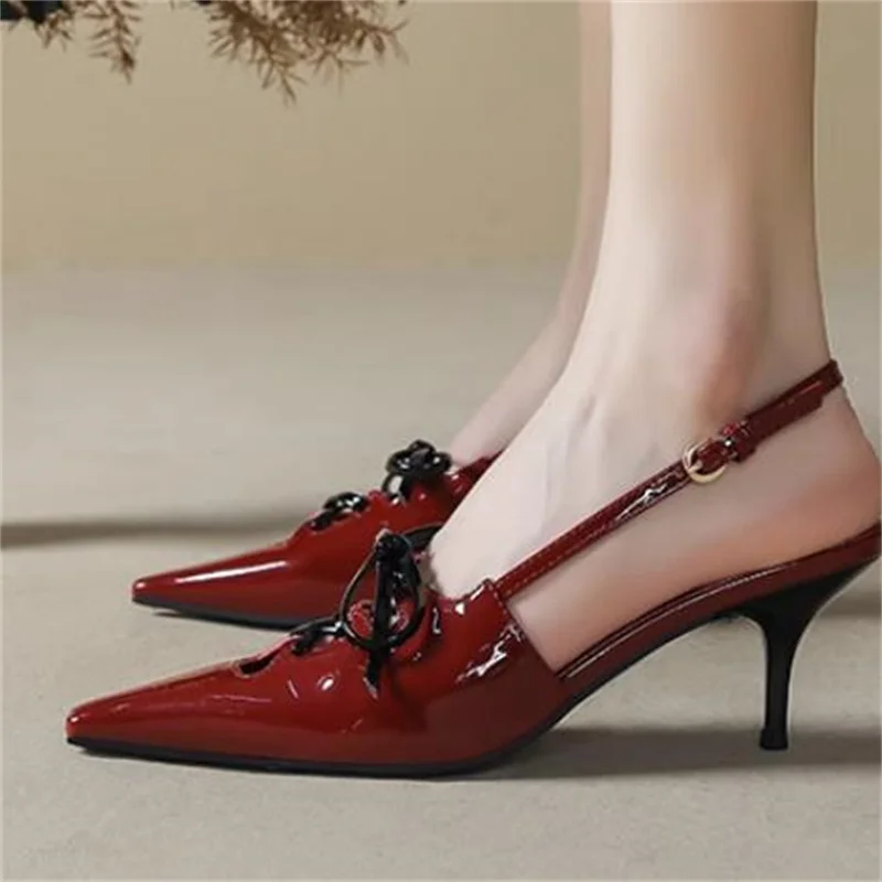 Crossover Strap Shoes for Women Pointed Toes High Heels Lace-up Female Pumps Buckle Zapatos Mujer Patent Leather Chassure Femme