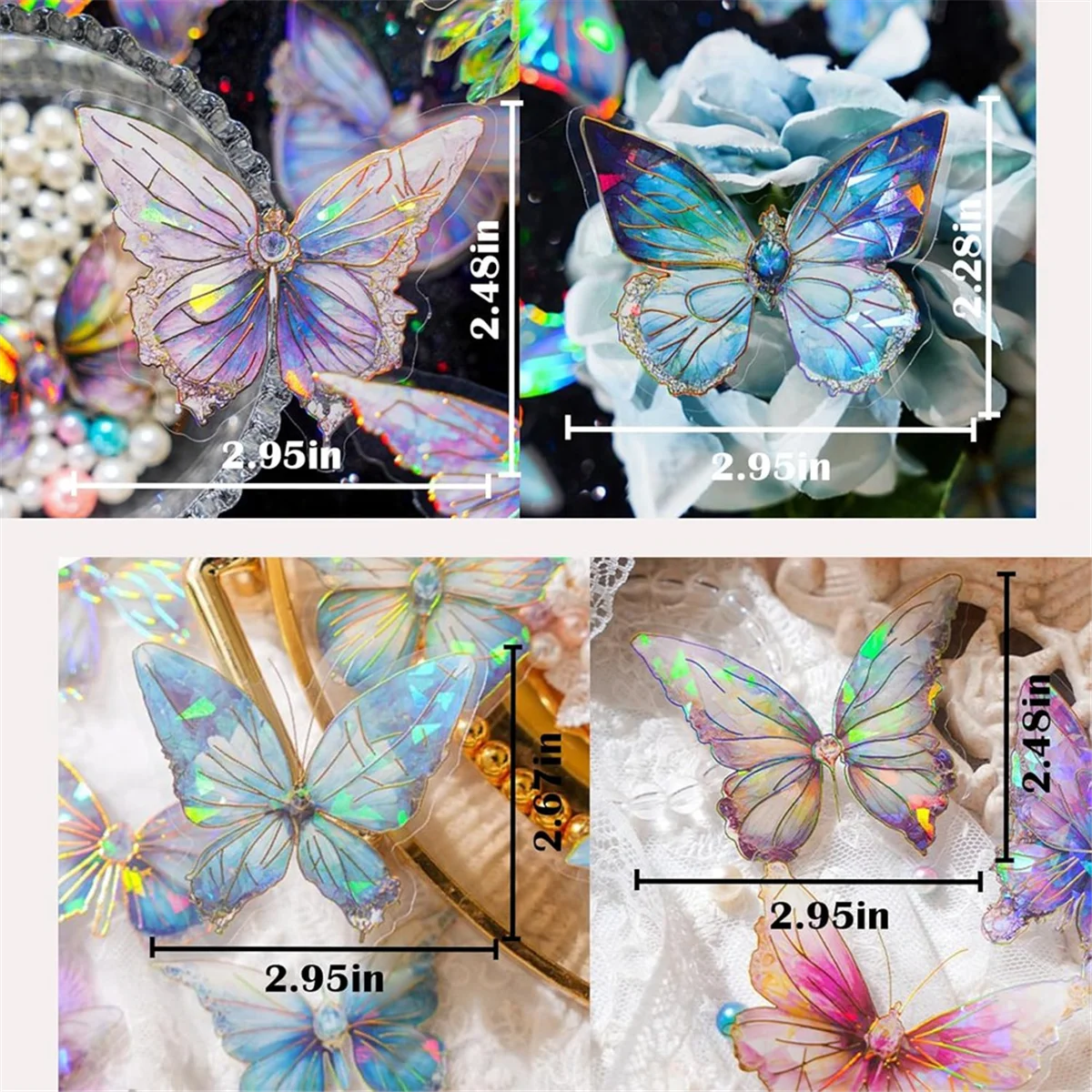 ABJU Holographic Butterfly Stickers Bulk - 160Pcs Crystal Glitter Transparent 3D Gold Foil Outlining for Crafts