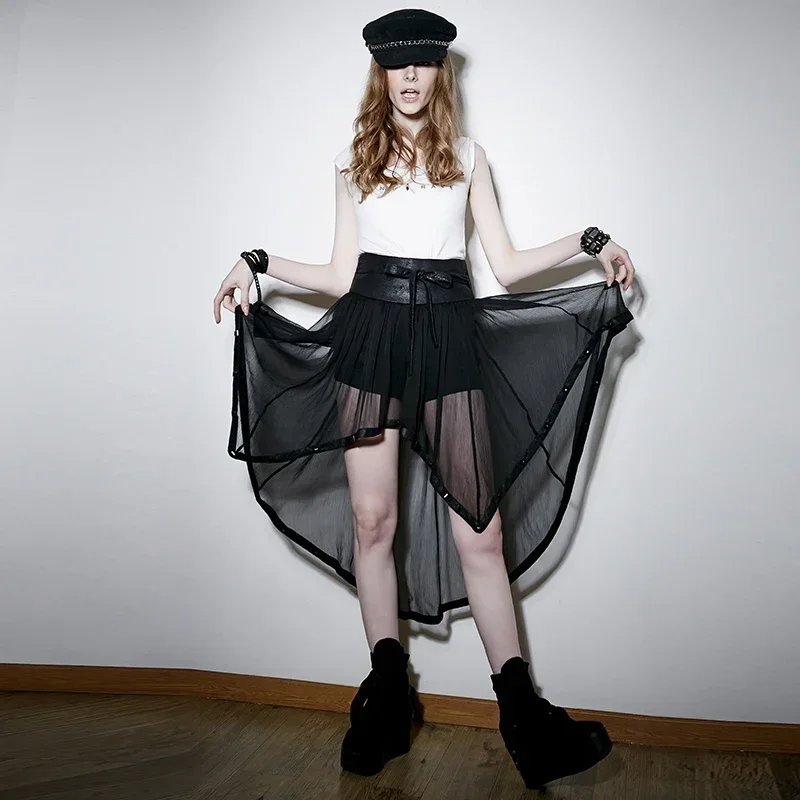 PUNK RAVE Punk Military Style Knit Chiffon Culottes for Women Black Fashion Sexy Hollow Out Skirts Knee-Length Harajuku Skirt