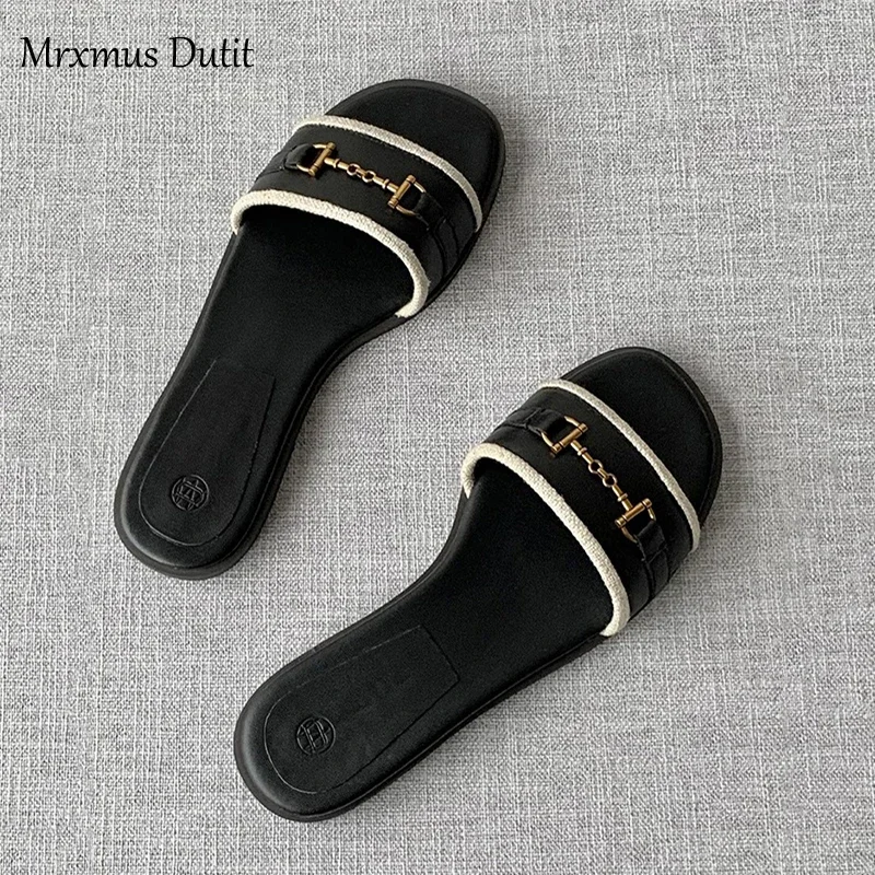 Mrxmus Dutit 2024 New Spring Summer Women Fashion Leather One Word Drag Flat Shoes Casual Versatile Sandals Slippers Female Chic