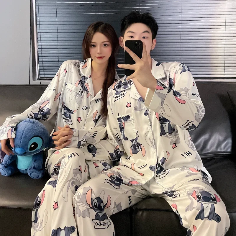 50% OFF Stitch Couple Pajamas Ice Silk Long Sleeve Pants Two-piece Casual Men\'s and Women\'s Disney Loungewear Women\'s Pajamas