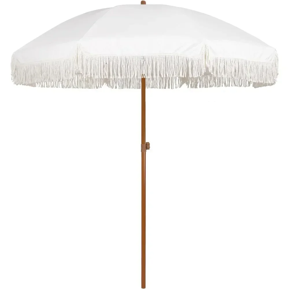 

%a 7ft Patio Umbrella with Fringe Outdoor Tassel Umbrella UPF50+ Premium Steel Pole and Ribs Push Button Tilt, White Cream