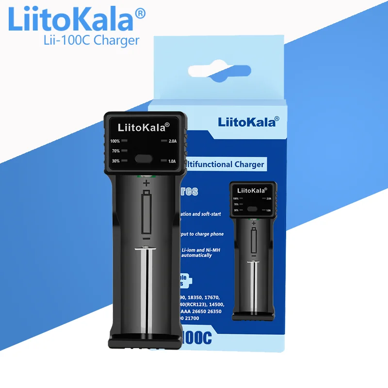 LiitoKala Lii-100C Lii-100 Caricabatteria Per 18650 18350 26650 16340 RCR123 14500 3.7V 1.2V Ni-MH Ni-Cd 2A Caricatore intelligente USB