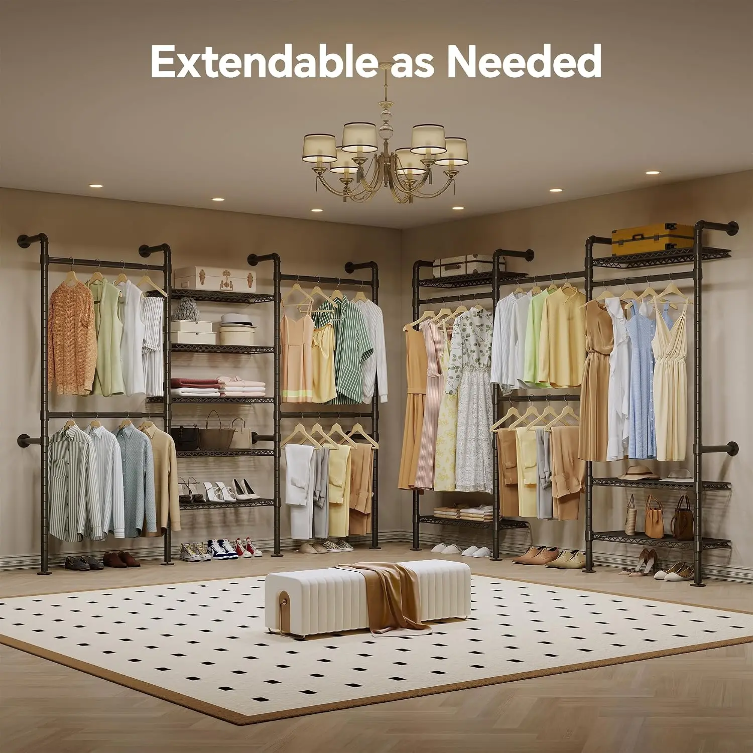 W3 Wall Mounted Clothes Rack, Industrial Pipe Clothing Rack, Black | Closet Rack Wall Mounted, Expandable Hanger Rods, Adjustabl