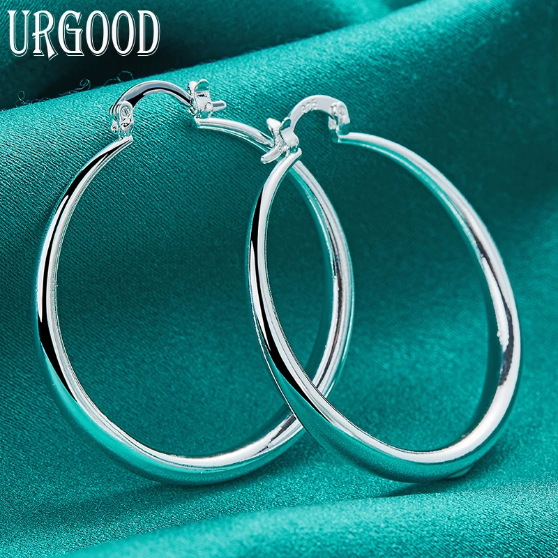 

925 Sterling Silver 40mm Round Smooth Hoop Earrings For Women Party Engagement Wedding Fashion Jewelry Gift