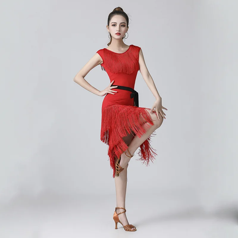 2024 Lady Latin Dance Practice/performance Dresses Black Red Tassel Women Clothing For Cha Cha/ruma/samba/latin Dancing Skirts