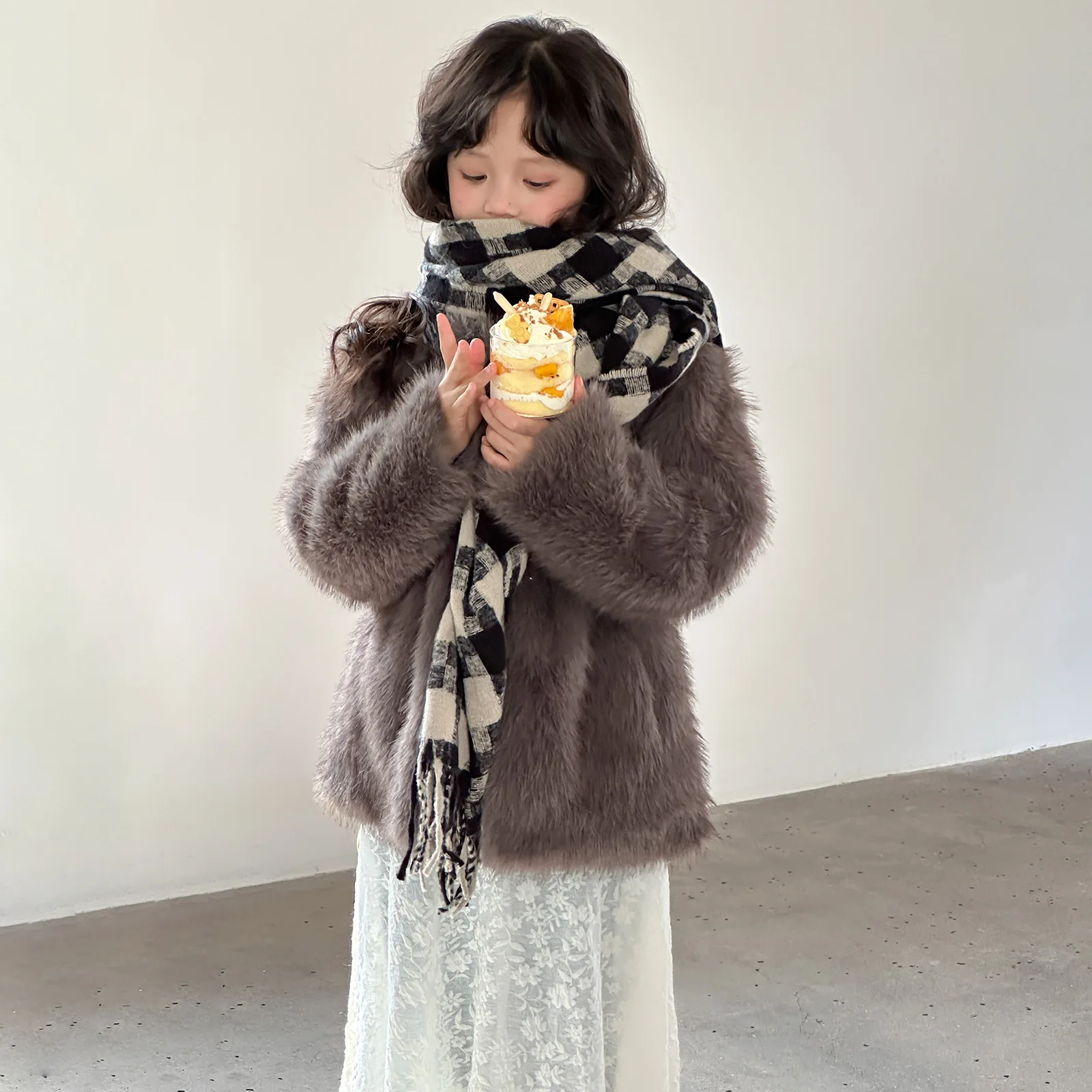 UNITIM Children Girl Faux Fox Fur Coats 4-14Y Teens Girl Turn Down Collar Outerwear Coat Junior Girls Integrated Fluffy Overcoat