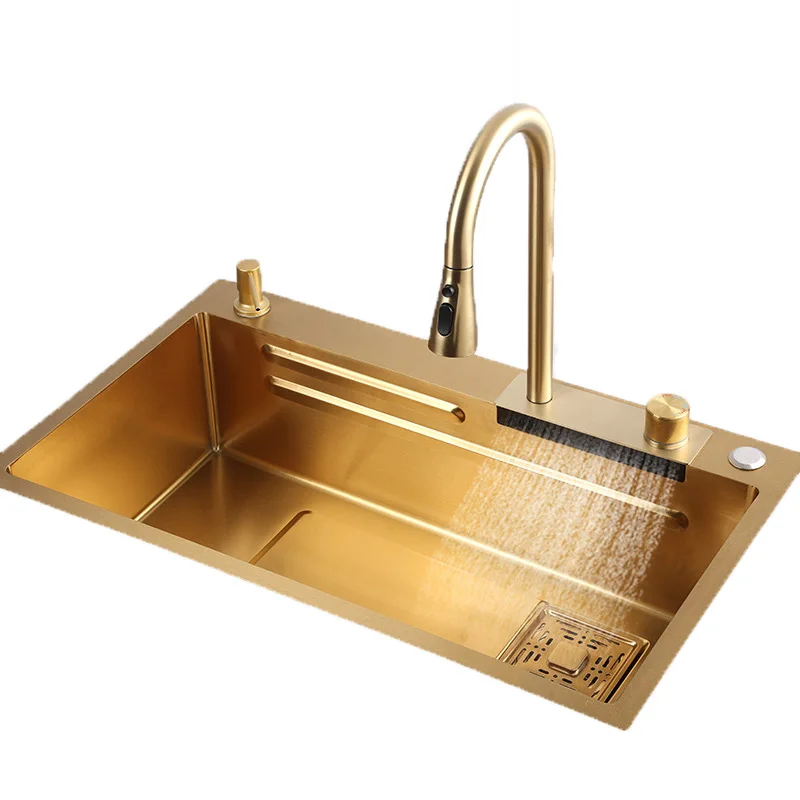 Customized Single Rectangular Bowl Stainless Steel Kitchen Sink Modern Design Gold Basin Counter Restaurant Hotel Use Single