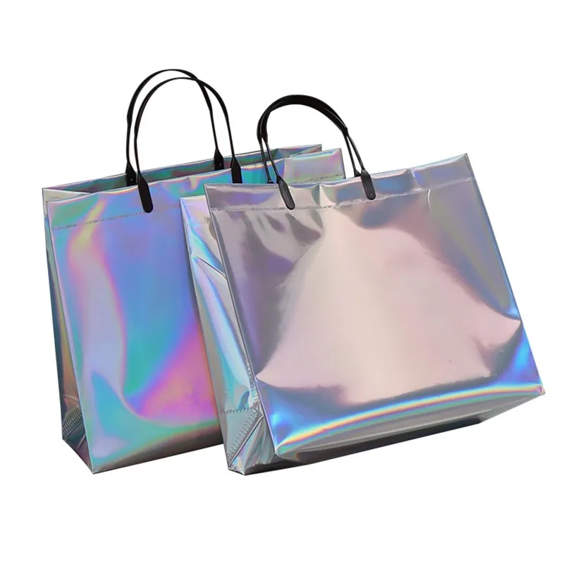 StoBag 10pcs Laser Tote Shopping Bags Woman\'s Plastic Shoulder Fashion Girl Gift Wedding Pouches Portable Custom Logo(Extra Fee)