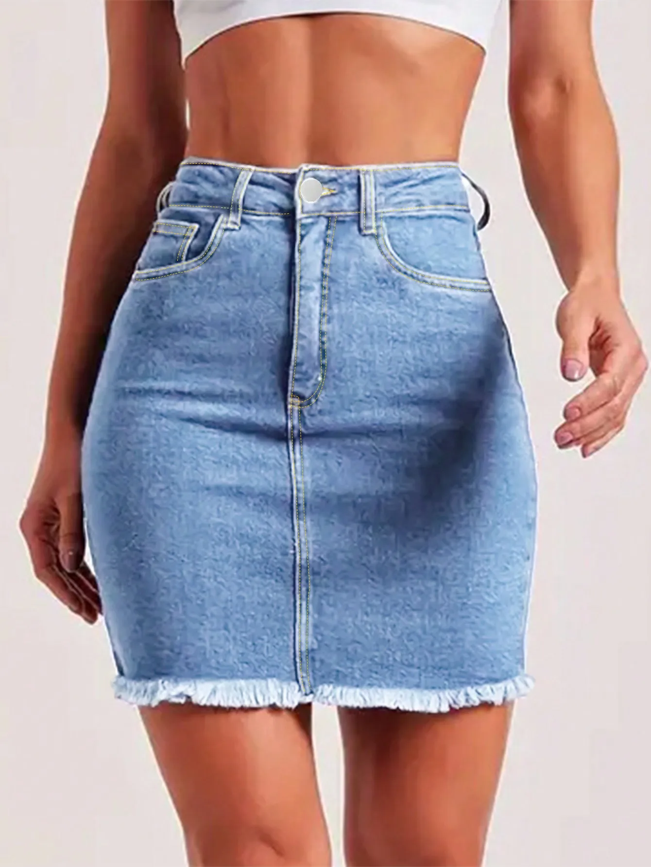 

High-Waisted Stretch Denim Pencil Skirt with Raw Hem - Slim Fit Casual