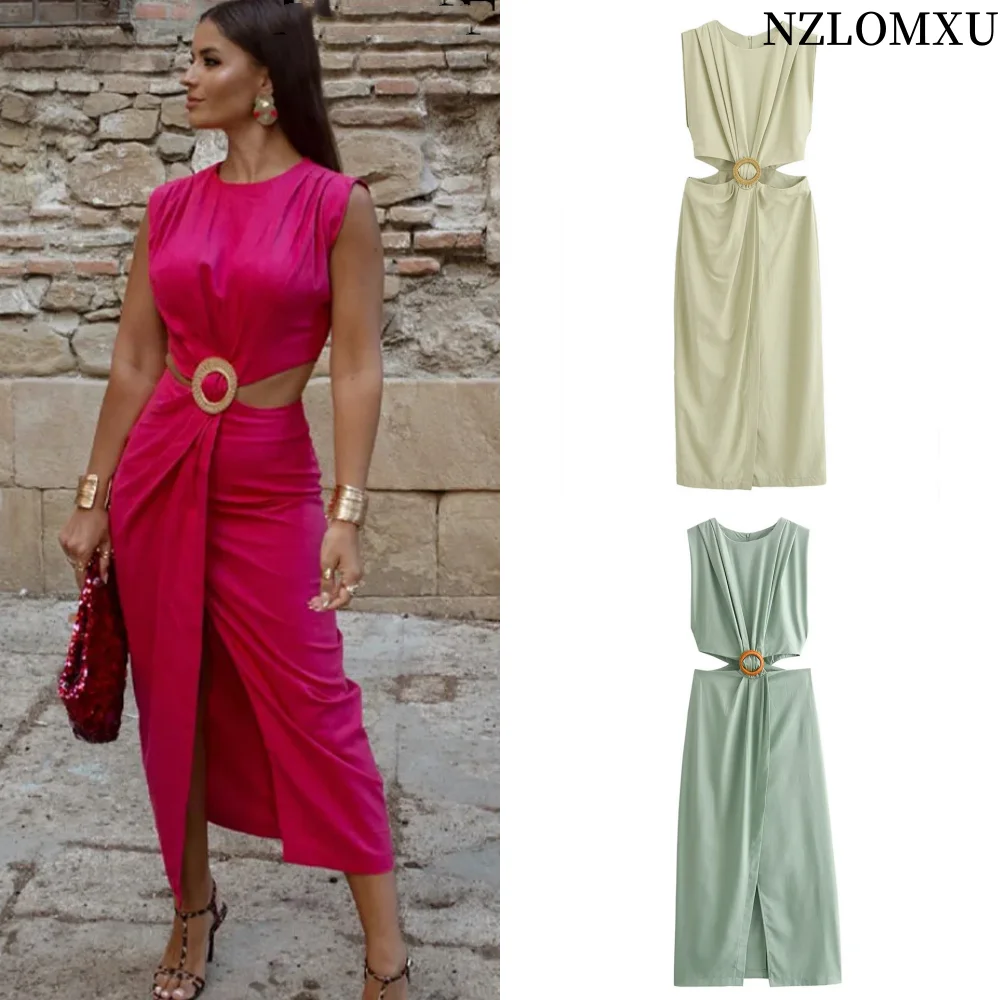 

Women Fashion Summer New Solid Color Opening Design Buckle Back Zipper O-Neck Vest Dress Chic Female Sleeveless Evening